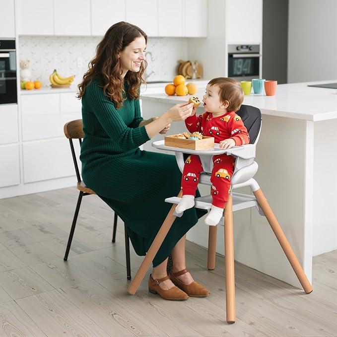 Baby High Chair, Highchair for Baby & Toddler, Easy Clean Infant Highchair, 6 in 1 Feeding High Chair with Removable Double Tray and Waterproof PU Cushion, Wooden Legs, Grey