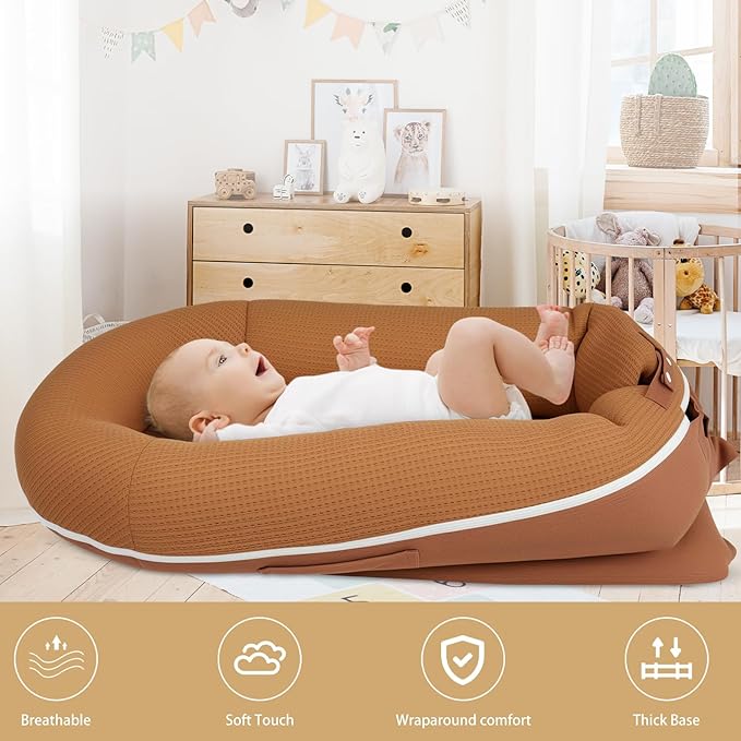 Baby Lounger, Deluxe Infant Lounger, Baby Nest Cover for Baby, Breathable Cotton, Adjustable Baby Floor Seat for Tummy Time, Newborn Essentials for Baby 0-12 Months (Brown)
