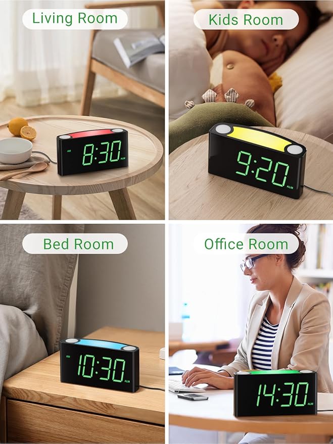 Alarm Clock for Bedroom, 7.5" Large Display LED Digital Clock with 7 Color Night Light,USB Phone Charger,Dimmer,Battery Backup,Easy to Set Loud Bedside Clock for Heavy Sleepers Adult Teen Kid Boy Girl