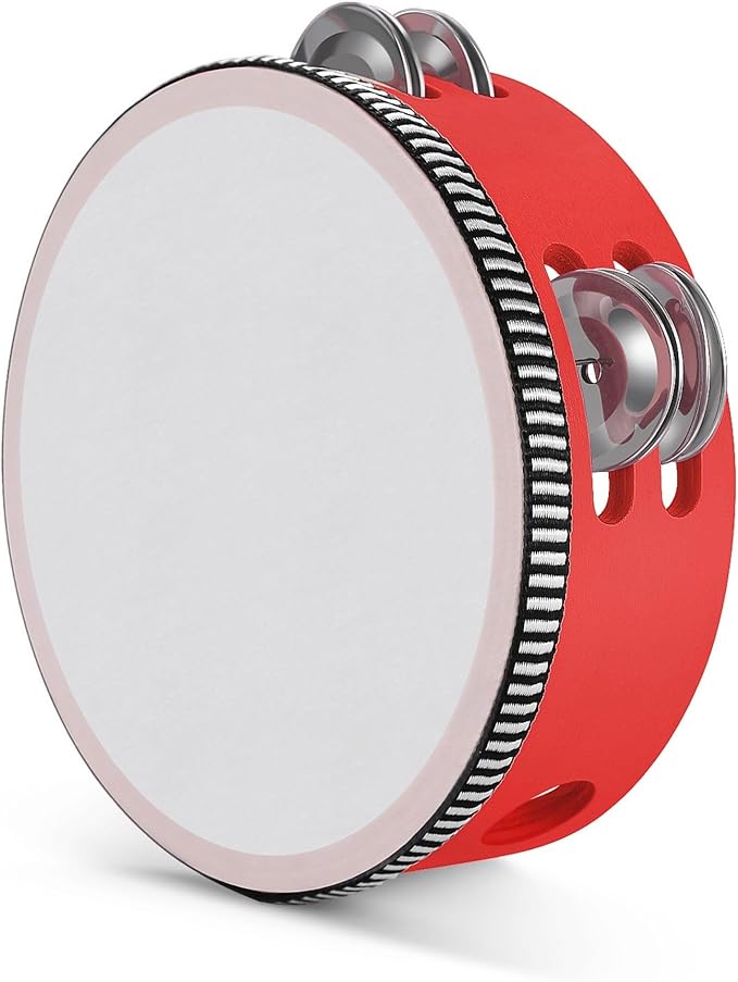 Flexzion Wood Handheld Tambourine Adults 6-Inch Double Row 8-Pair Jingles (Red) - Percussion Round Tamborines Musical Instrument with Metal Zills