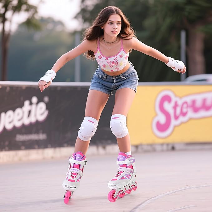 2PM SPORTS Vinal Girls Adjustable Flashing Inline Skates, All Wheels Light Up, Fun Illuminating Skates for Kids Men Adult Women and Boys