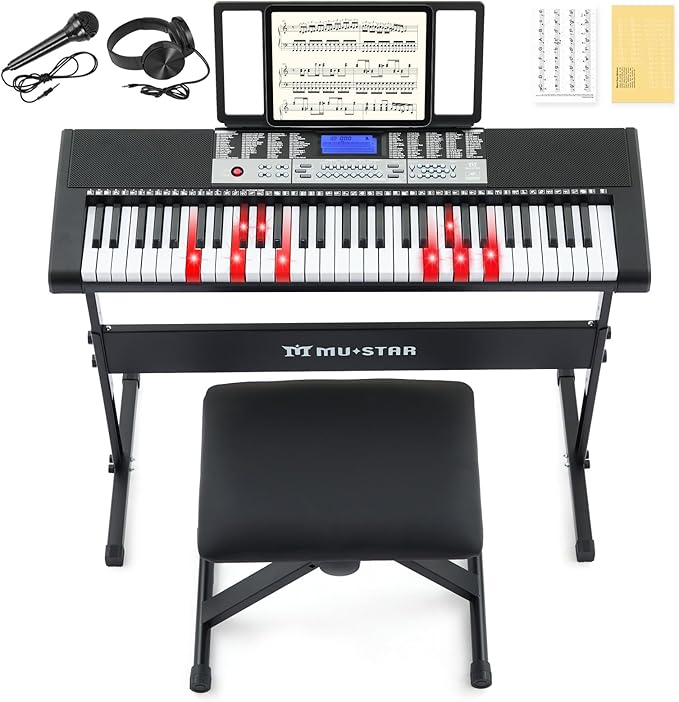61 Key Piano Keyboard, Electric Keyboard Piano with Light-Up Keys, 255 Tones/Rhythms, Smart Learning System, Headphone, Microphone, Keyboard Stand, Stool, Stickers, Piano Keyboard Set for Beginners