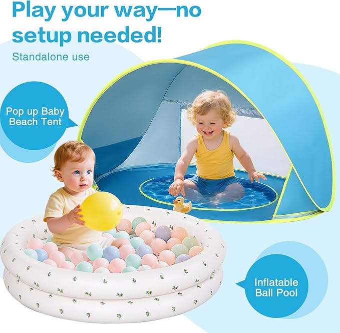 Baby Beach Tent Canopy: with Inflatable Kiddie Swimming Pool Toys - UPF50+ UV Protection Pop Up Sun Shelter Tent & Small Pool - Beach Essentials for Infant Toddlers