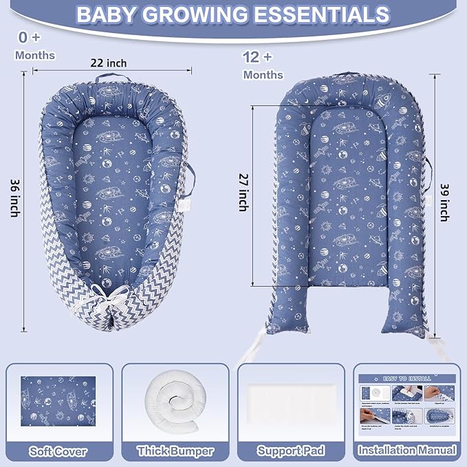 Baby Lounger - Infant Lounger for Newborn 0-24 Months, Breathable & Soft Baby Lounger Cover, Portable Infant Lounger for Home and Travel, Babies Essentials Gifts - Blue