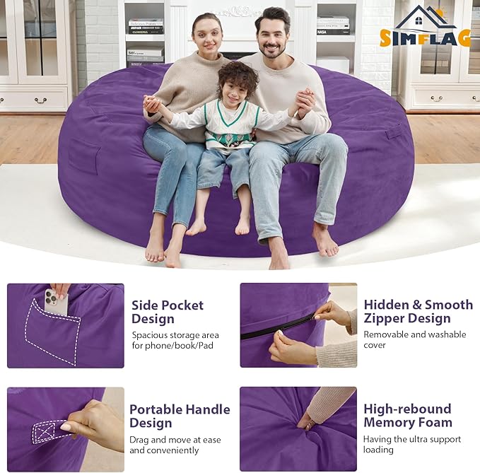 7FT Bean Bag Chair, Large Bean Bag Chairs with Memory Foam Filled, Fluffy Beanbag Sofa with Dutch Velvet Cover, Round BeanBag Chairs for Living Room, Playroom - Purple