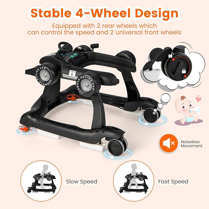 HONEY JOY 4-in-1 Baby Walker, Activity Push Walker w/3 Adjustable Heights, Smooth Wheels w/Adjustable Speed, Padded Seat, Music & Light, Foldable Car Walker for Baby Boys Girls Age 6 Months+ (Black)
