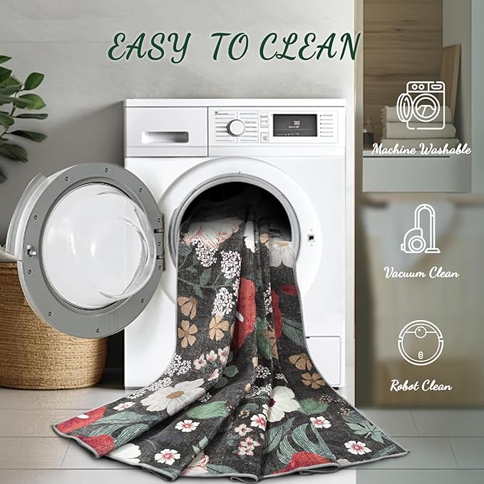 9x12 Area Rug for Living Room: Vintage Floral Washable Rug Soft Boho Non Slip Carpet Large Indoor Floor Non Shedding Low Pile Thin Carpets for Bedroom Dining Room Farmhouse Nursery Home Office Green