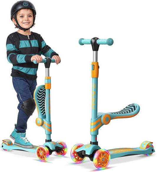 Aqua Orange 3 Wheel Scooter with Seat for Kids – Light-Up LED Wheels, Adjustable Handlebar and Seat, Smooth PU Wheels, Wide Anti-Slip Deck, Rear Foot Brake – Toddler Outdoor Toys for Ages 2+