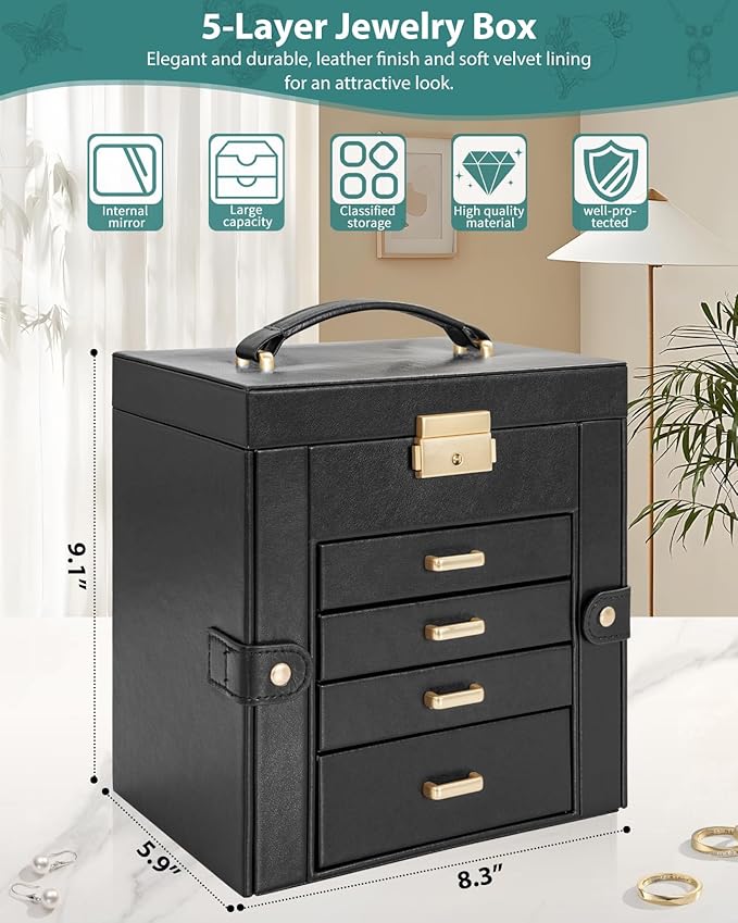 AKOZLIN 5-Tier Jewelry Box Leather Jewelry Storage Organizer with 4 Drawers Lockable for Women Girls Ring Necklace Earring Bracelet Watches Holder with Mirror Black