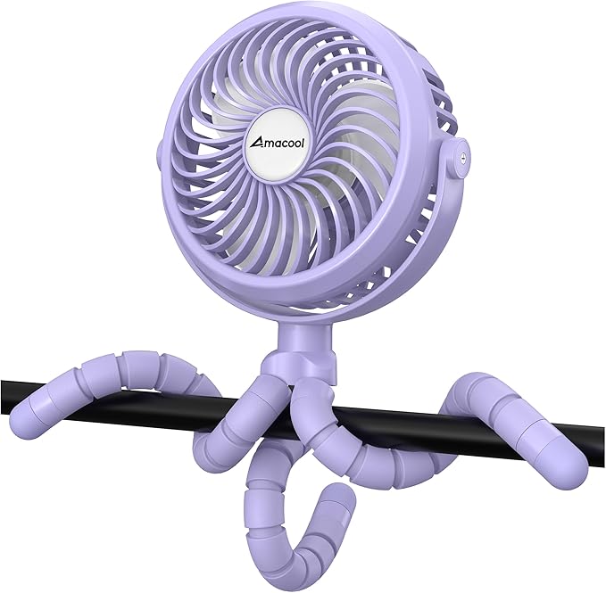 AMACOOL Battery Operated Stroller Fan Flexible Tripod Clip On Fan with 3 Speeds and Rotatable Handheld Personal Fans for Car Seat Crib Bike Treadmill (Purple)