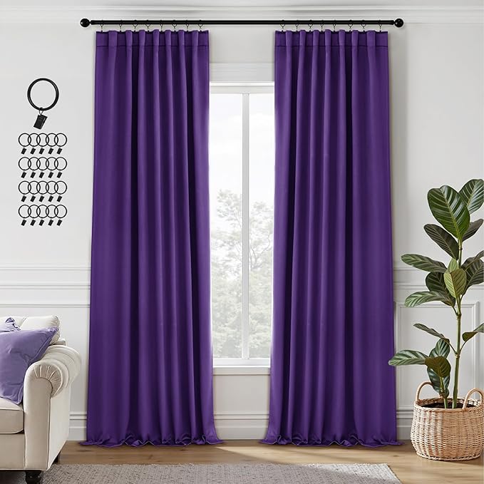 ANRODUO Back Tab Blackout Curtains for Bedroom Living Room, Rod Pocket Pinch Pleated Thermal Insulated Room Darkening Curtains 96 Inches Long 2 Panels, Purple, 42 x 96 Inch