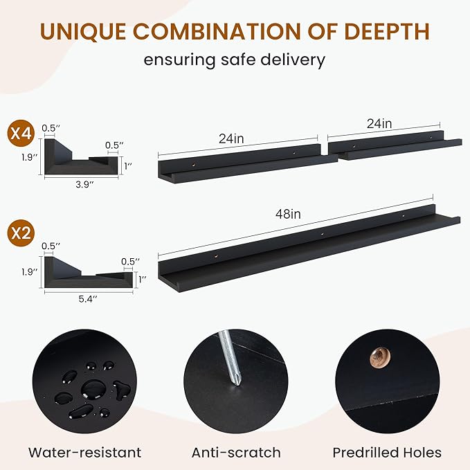 Axeman Picture Ledge Shelf, Floating Shelves for Wall Decor Storage Set of 6, 48 inch Floating Wall Mounted Shelves, Wall Shelves with Lip for Living Room, Bedroom, Nursery, Bathroom, Kitchen, Black