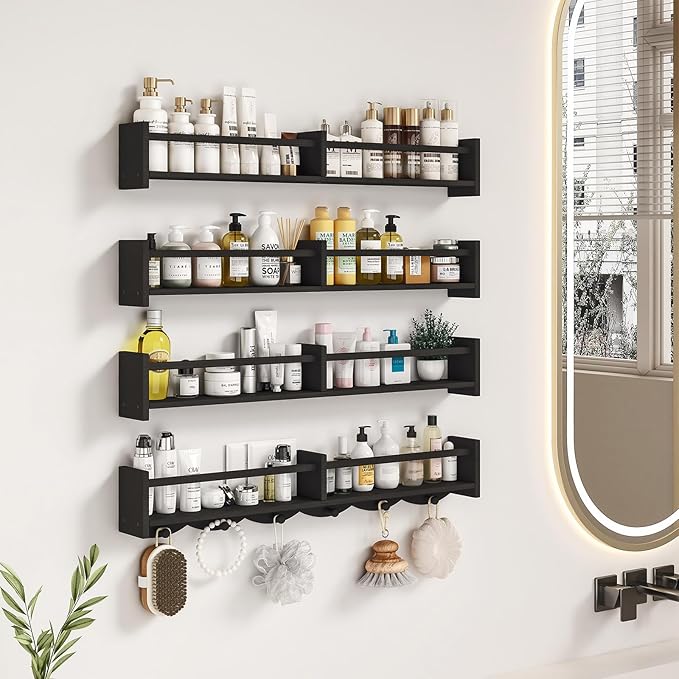 34Inch Nursery Bookshelves,Set of 4,Wall Floating Shelf Kids Coat Rack with 6Hooks,Hanging Book Shelf for Baby Nursery Room Décor ，Patent Number: 29958098(Black, 34)