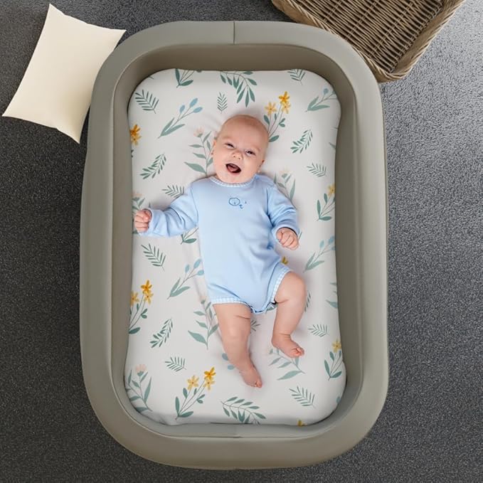 4 Pack Sage Green Fitted Nursery Sheets Breathable Neutral Unisex Baby Sheets for Boys or Girls with Leaf and Flower Design (Bassinet)