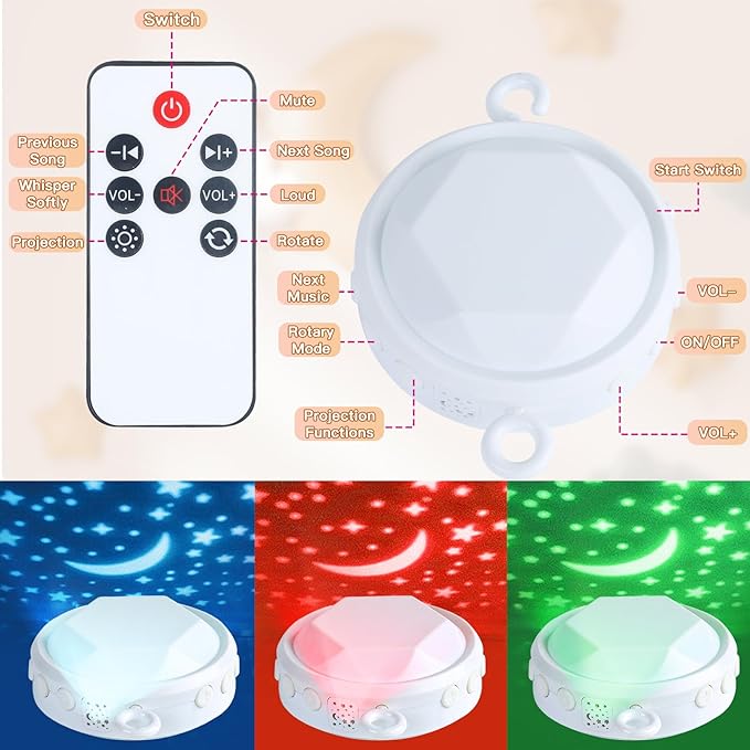 Baby Crib Mobile with Music and Lights, Mobile for Crib with Remote Control, Rotation, Starlight Projection, Crib Toys for Babies Boys Girls(Pink)