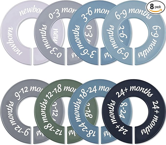 8 Pcs Baby Closet Dividers Unisex Baby Clothes Organizers Clear Labels for Nursery Closet Organizer & Decor Nursery Fits Most Rods(Modern,Cool Colors)