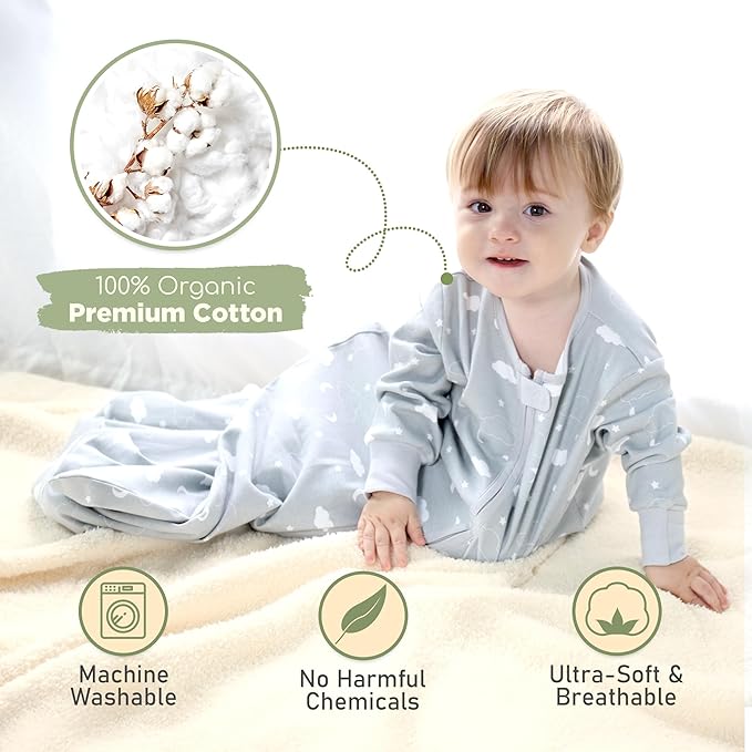 Mama Cheetah Baby Sleep Sack with Sleeves, 0.5 TOG Organic Cotton Wearable Blanket and Two-Way Zipper, Swaddle Transition Long Sleeve Sleeping Bag for Newborn Infant Toddler, 0-6 Months