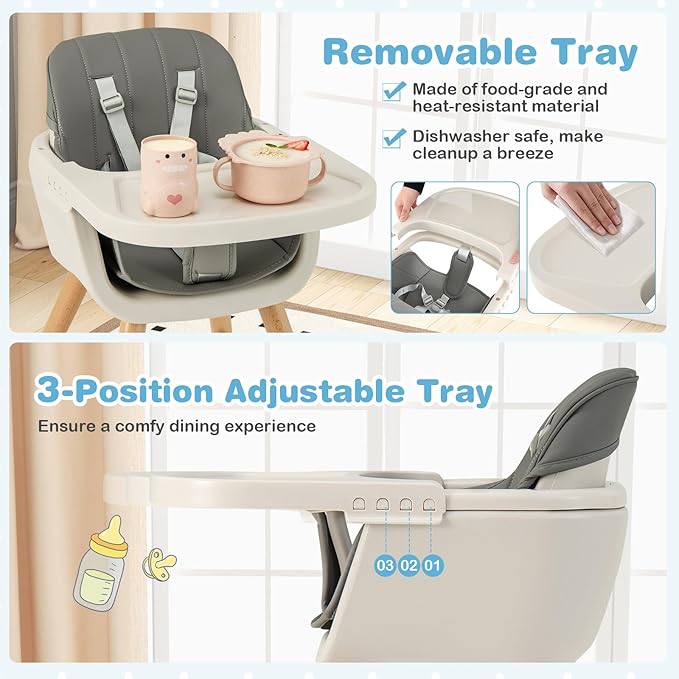 HONEY JOY Baby High Chair, 6-in-1 Eat & Grow Wooden Highchair/Toddler Chair with Removable Tray, 5-Point Harness, PU Cushion and Footrest, Convertible High Chair for Babies and Toddlers(Dark Gray)