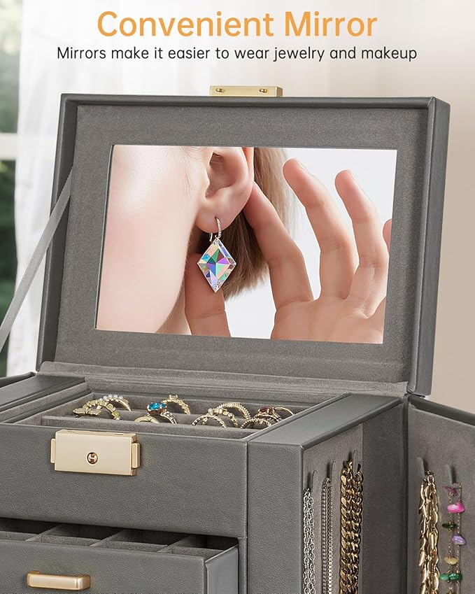 AKOZLIN 4-Tier Jewelry Box Leather Jewelry Storage Organizer with 3 Drawers Lockable for Women Girls Ring Necklace Earring Bracelet Holder with Mirror Dark Grey