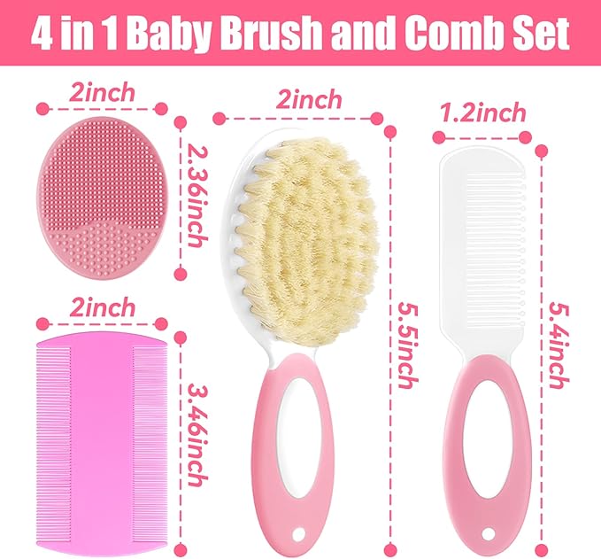Baby Hair Brush and Comb Set, 4Pcs Baby Soft Bristles Brush Cradle Cap Brush Hair Comb for Newborns Toddlers Boys Girls (Pink)
