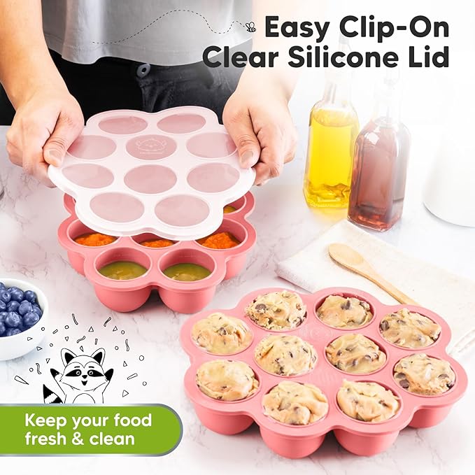 KeaBabies Silicone Food Freezer Trays with Lid, 2oz x 10 Pods Baby Food Storage Containers, Easy Puree Meal Prep, Breast Milk Silicone Freezer Molds, Dishwasher,Microwave Safe,BPA-Free(Blossom)
