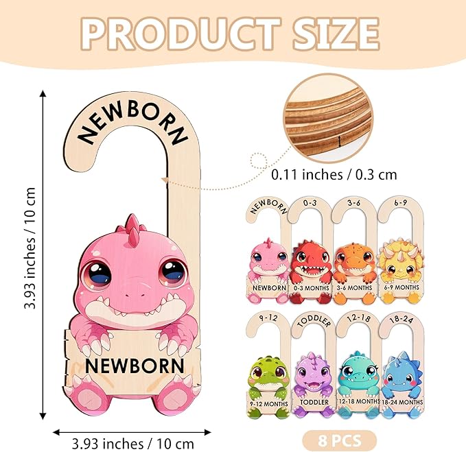 Baby Clothes Dividers for Closet - Wooden Baby Size Closet Dividers Newborn to 24 Months, Unique Dinosaur Design Babies Clothes Organizer for Nursery Decor Gender-Neutral Newborn Hangers (Set of 8)