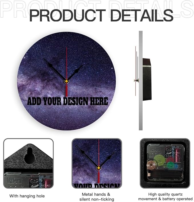 Generic Custom Wall Clock Personalized Clocks with Photo Text Logo That PVC Customized Round Silent Clock for Living Room Creative, 10inch-25cm