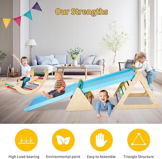 9-in-1 Climbing Triangle Set with Detachable Wooden Climbing Arch for Rocking Horse and Climbing, Indoor Triangle Jungle Playground Gym for Toddlers