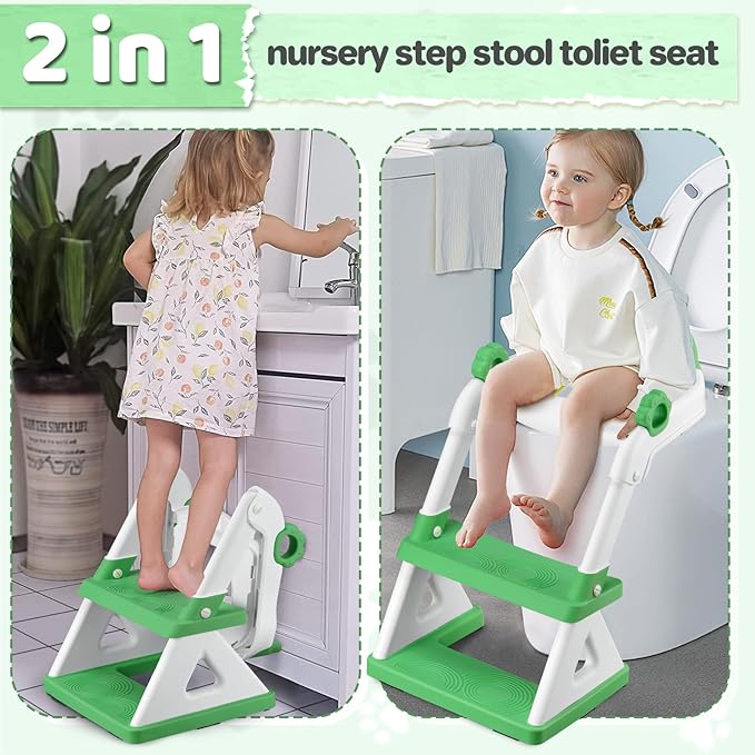 2 In 1 Potty Training Toilet Seat & Toddler Step Stool, Bottom Triangle Stability Toddler Toilet Seat, Adjustable Step & Seat Height Potty Seats (Green)
