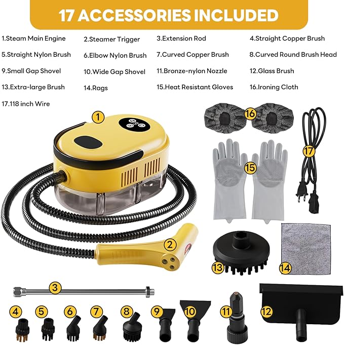 Handheld Steam Cleaner, 10s Fast Handheld Heating Steamer for Cleaning 15-in-1 High Pressure Steam Cleaner for Home & Kitchen, Grease, Grout, Tile,Floor,Couch and Car