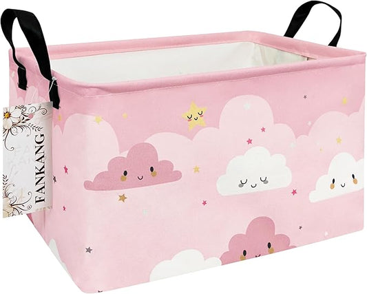 FANKANG Storage Bins, Nursery Hamper Canvas Laundry Basket Foldable with Waterproof PE Coating Large Storage Baskets for Kids Boys and Girls, Office, Bedroom, Clothes,Toys(Rec-pink cloud ）