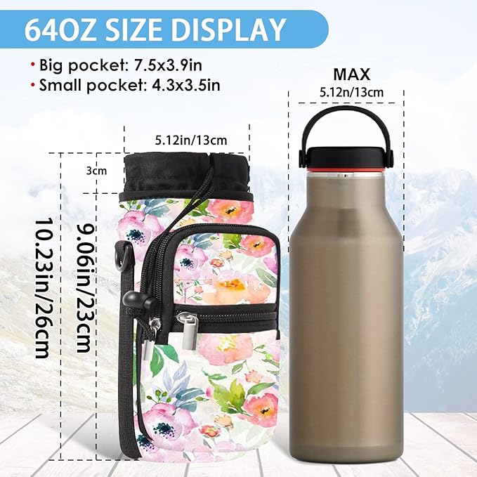 25/32/40/64oz Water Bottle Bag Holder Carrier-Insulated Crossbody Sling Case Sleeve with Strap & Pockets for Men Women Gym Cycling Travel Walking Hiking Camping