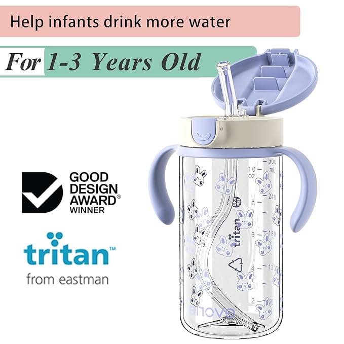 Evorie Tritan Spill Proof Toddler Straw Sippy Cup, 10 oz for Baby and Toddlers 1-3 Years Old, No Spill Straw Water Bottle with Removable Handles, Ideal for School, BPA-Free, Blue Rabbit