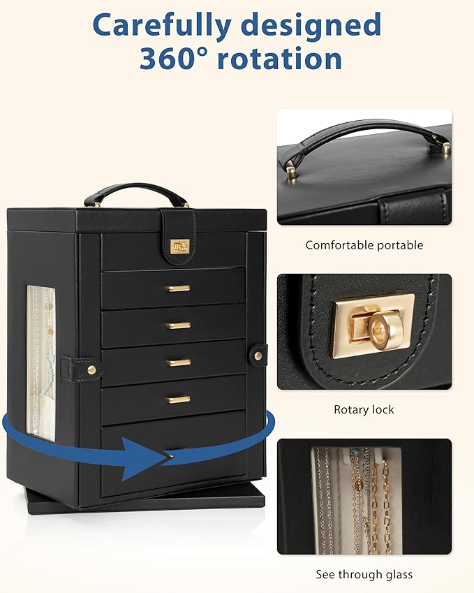 AKOZLIN Jewelry Box 6-Tier Organizer Functional 360° Rotating Jewelry Storage Case for Women Girls Ring Necklace Earring Bracelet Holder with Mirror