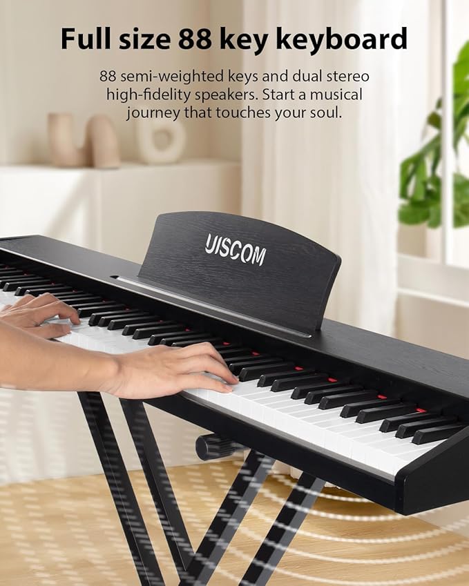88 Key Digital Piano Keyboard for Beginners - Full Size Semi Weighted Wooden Electric Piano Set with Stand, Triple Pedal, Headphone,Carry Bag - Supports USB-MIDI Connecting (Wood Grain Black)