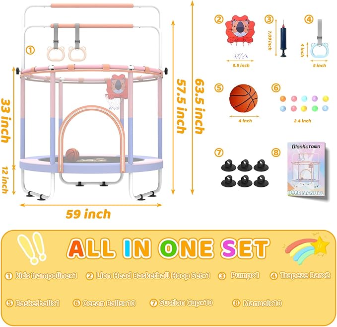 60'' Toddler Trampoline with Safety Enclosure Net, Trampoline for Kids Certified by ASTM USA 2-8 Year Old for Indoor, Lawn Garden