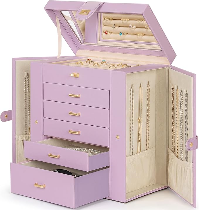 AKOZLIN Huge Jewelry Box Organizer Functional Large Leather Jewelry Storage Case for Women Girls Ring Necklace Earring Bracelet Holder Organizer with Mirror