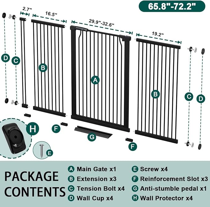Fairy Baby 40.5" Extra Tall Baby Gate for Stairs, 65.8"-72.2" Extra Wide Long Dog Pet Gate Indoor for House, Safety Child Toddler Gate, Metal Auto Close Doggie Puppy Gates Barrier for Doorway, Black