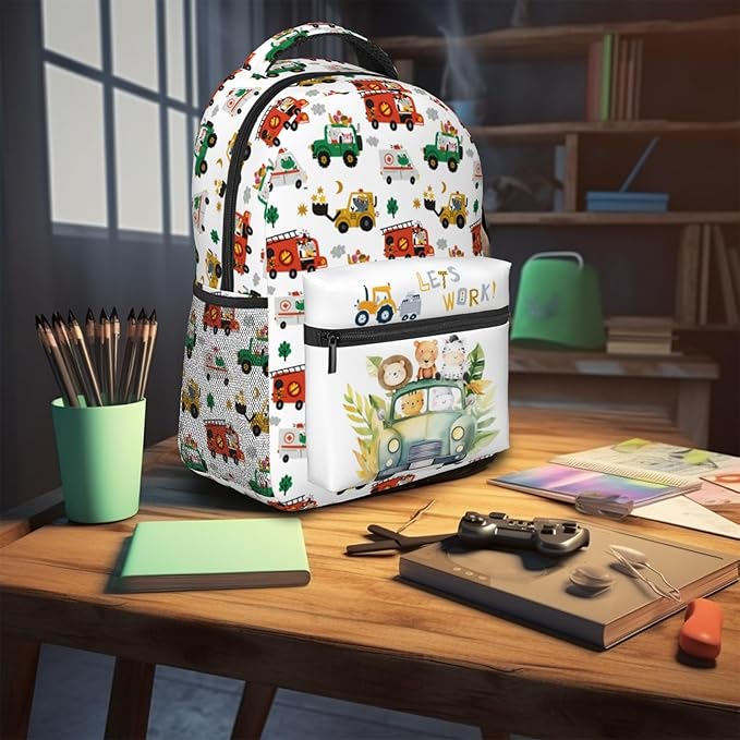 Funny Cars Kids Backpack For School Cute Animal Bear Lion Car Travel Backpack Cartoon Ambulance Digger Fire Engine Waterproof Backpack For Kids Boys Girls For School Travel Hiking