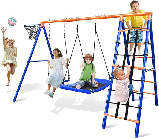 5-in-1 Heavy-Duty Metal Swing Set for Backyard - 500lb Capacity Outdoor Playset with Basketball Hoop & Climbing Rope