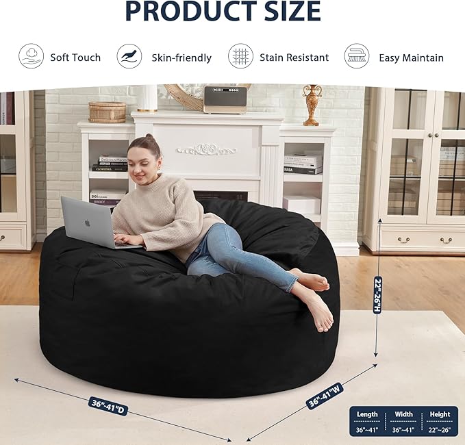 3FT Bean Bag Chair, Comfy Bean Bag Chairs with Memory Foam Filled, Fluffy Beanbag Sofa with Dutch Velvet Cover, Round BeanBag Chairs for Living Room, Playroom - Black