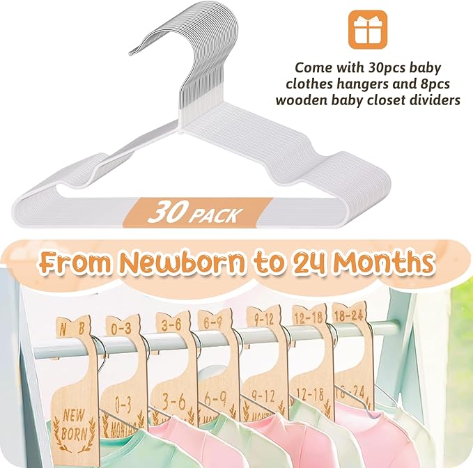 8Pcs Wooden Baby Closet Dividers for Baby Clothes Organizer, and 30Pcs Baby Hangers, Baby Closet Organizer Baby Clothes Dividers for New Mom Dad Parents, 0-24 Months, Large, SL0058