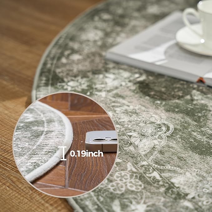 jinchan Round Rug 7ft Area Rug - Green Vintage Floor Mat Kitchen Indoor - Washable Circle 7' Thin Floral Print Carpet Retro Farmhouse Non Slip Dining Room Living Room Bedroom Office