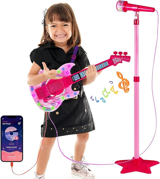 Guitar and Microphone Play Set for Girls,Karaoke Machine with Music&Light,Microphone Toys with Stand,Adjustable Height Guitar Toys for Kids,Toddlers,Child(Red)