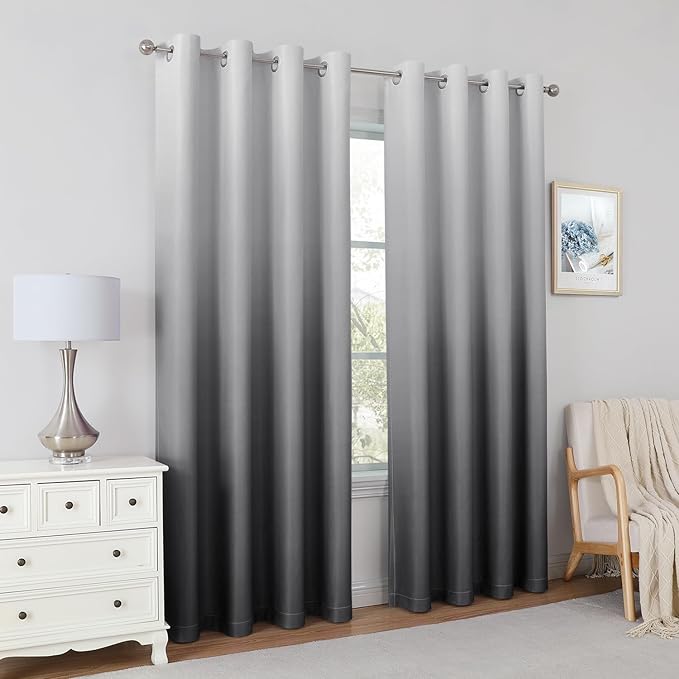 HOMEIDEAS Grey Gray Ombre Blackout Curtains 52 X 63 Inch Length Gradient Room Darkening Thermal Insulated Energy Saving Grommet 2 Panels Window Drapes for Living Room, Bedroom