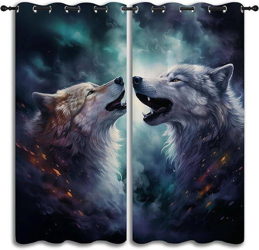 Forest Wildlife Blackout Curtains for Boys Girl Bedroom Decor,Blue Fantasy Starry Sky Howling Wolf Thermal Insulated Grommet Drapes Darkening Window Curtain for Living Room Home 84x84 inch