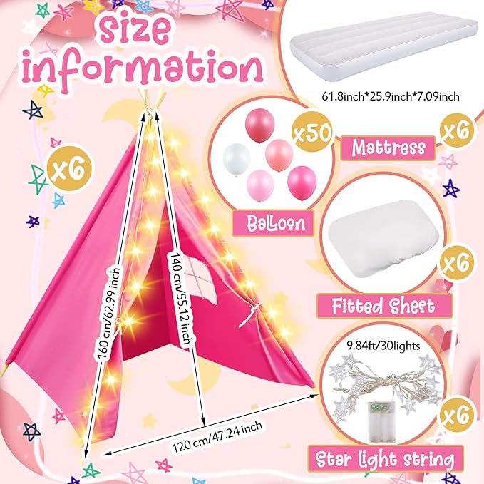 6 Pack Sleepovers Teepee Tent for Kids Bulk with Mattress Sheet Light,Natural Cotton Washable Indoor Play Tent for Birthday Slumber Party Girls Boys Pajama Movie Night Supplies(Rose Red)