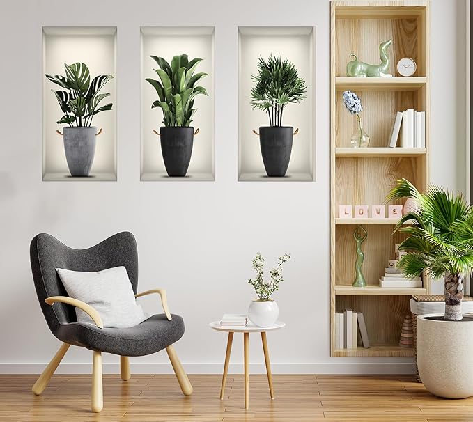 3D Green Pot Plants Wall Decals, Tropical Potted Wall Stickers, Creative Vinyl Peel and Stick Removable Wall Art Decor for Bedroom Living Room Kitchen(3D Green Plants 02)