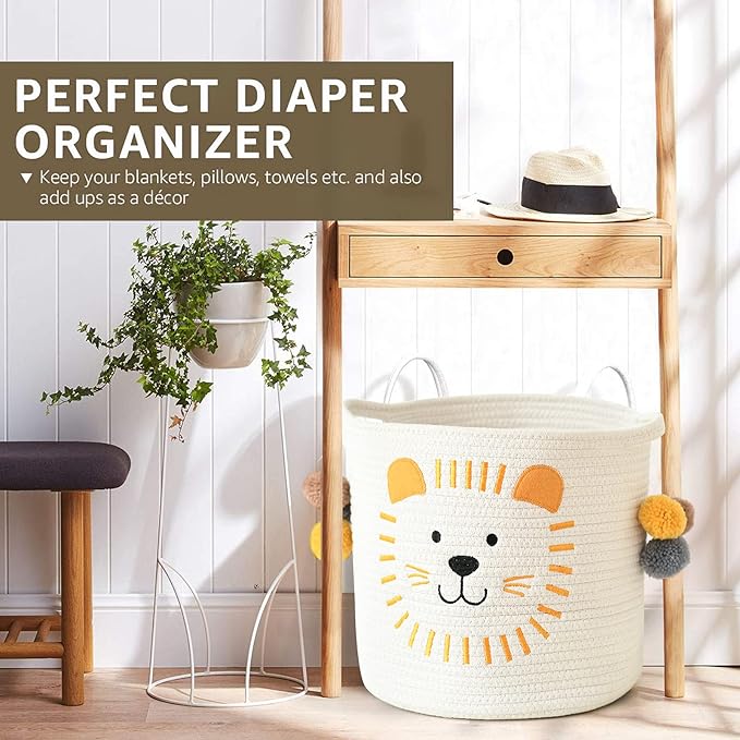 INough Toy Storage Baskets Cute Laundry Basket with Handles Dog Toy Storage Basket Durable Large Cotton Rope Storage Bins Home Organizer Solution for Office, Bedroom, Closet, Toys & Laundry (Lion)