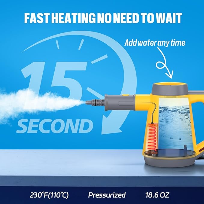 Handheld Pressurized Steam Cleaner - 15s Quick Start, Multi-Functional for Home, Kitchen, Bathroom, 8 Attachments, Chemical-Free, Safe & Efficient Cleaning Solution, Yellow & Grey